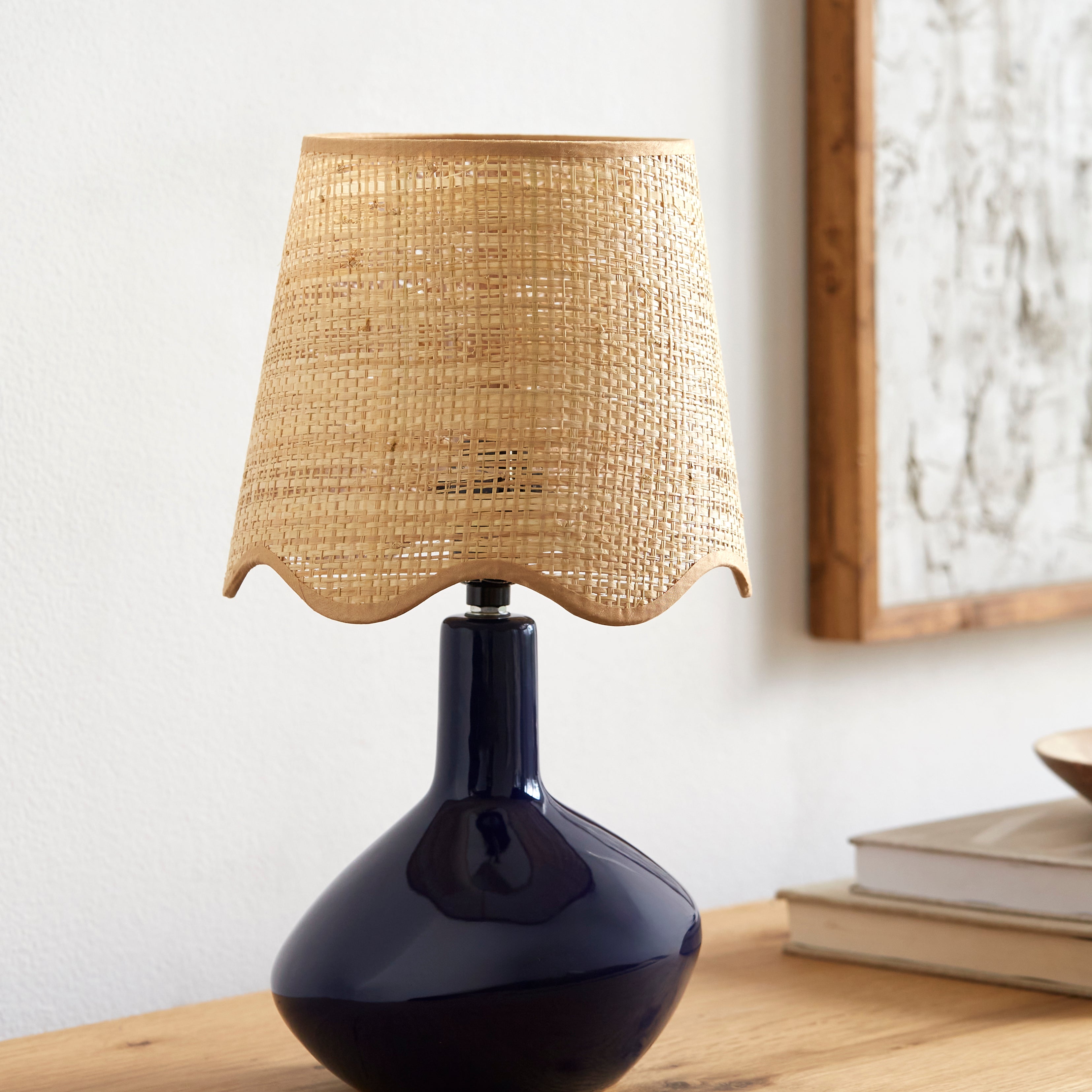 Maine Cottage Droplet Oblong Navy Ceramic Table Lamp with Scallop Shade | Maine Cottage® 