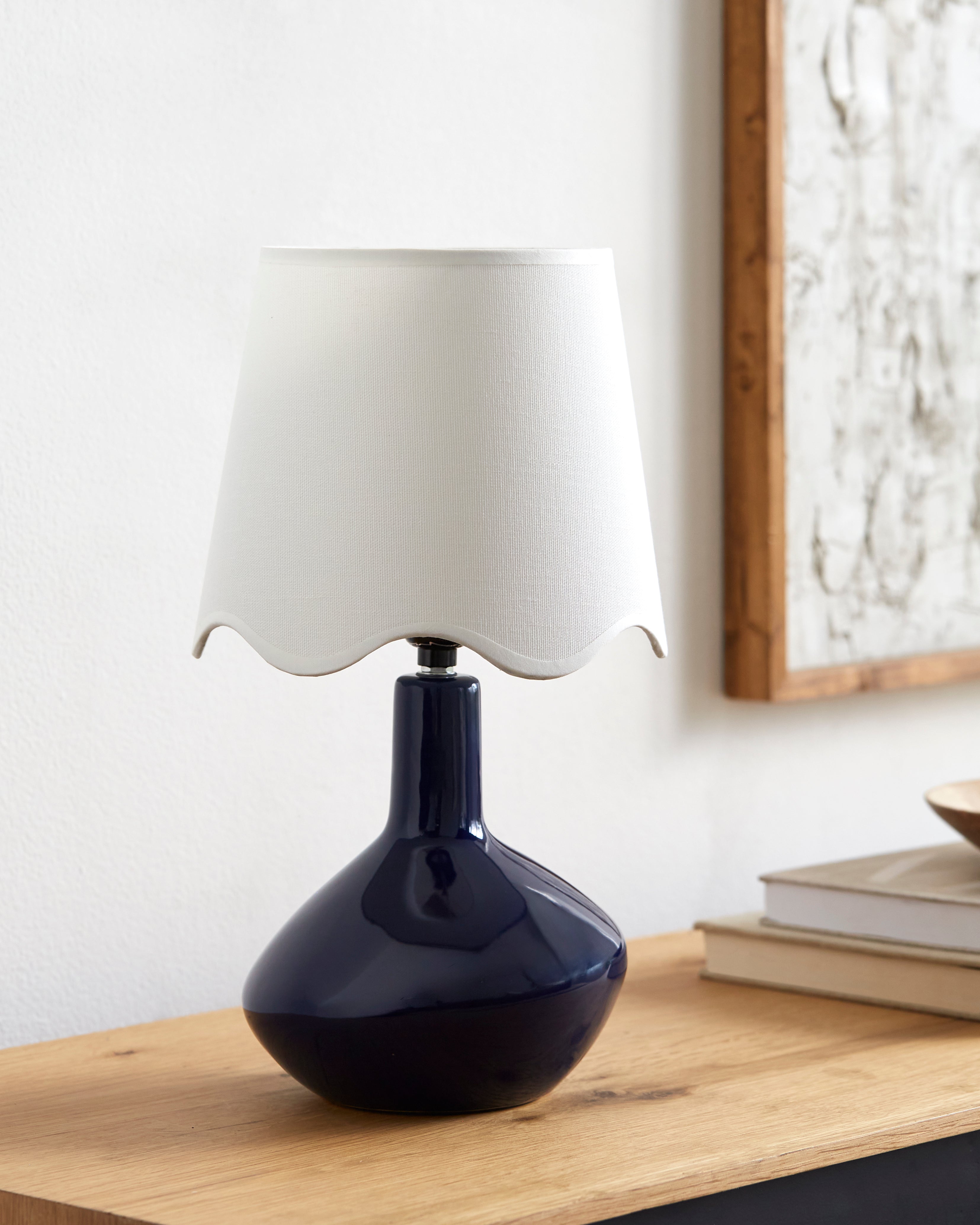 Maine Cottage Droplet Oblong Navy Ceramic Table Lamp with Scallop Shade | Maine Cottage® 