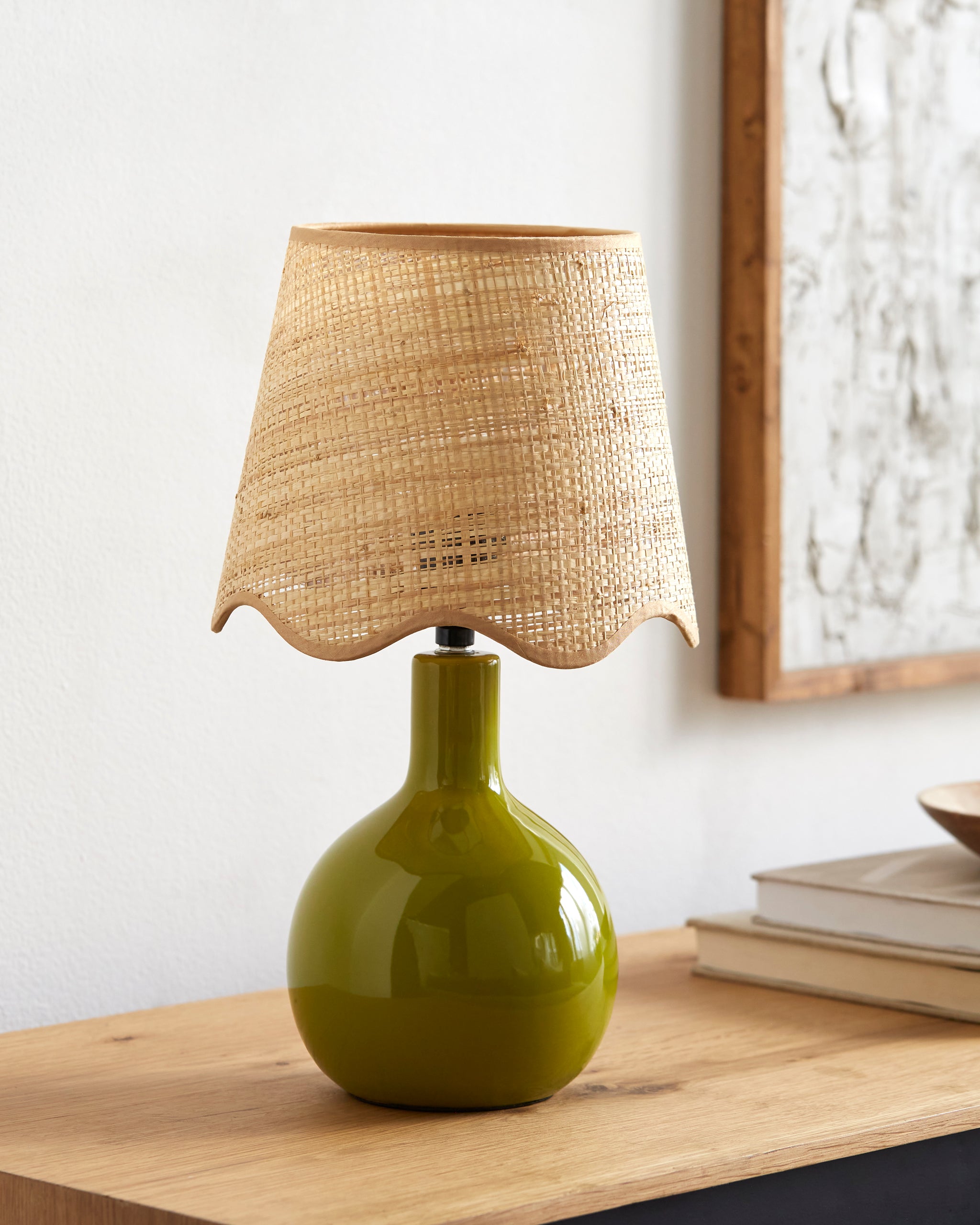 Droplet Oval Green Ceramic Table Lamp with Scallop Shade Table Lamps Maine Cottage
