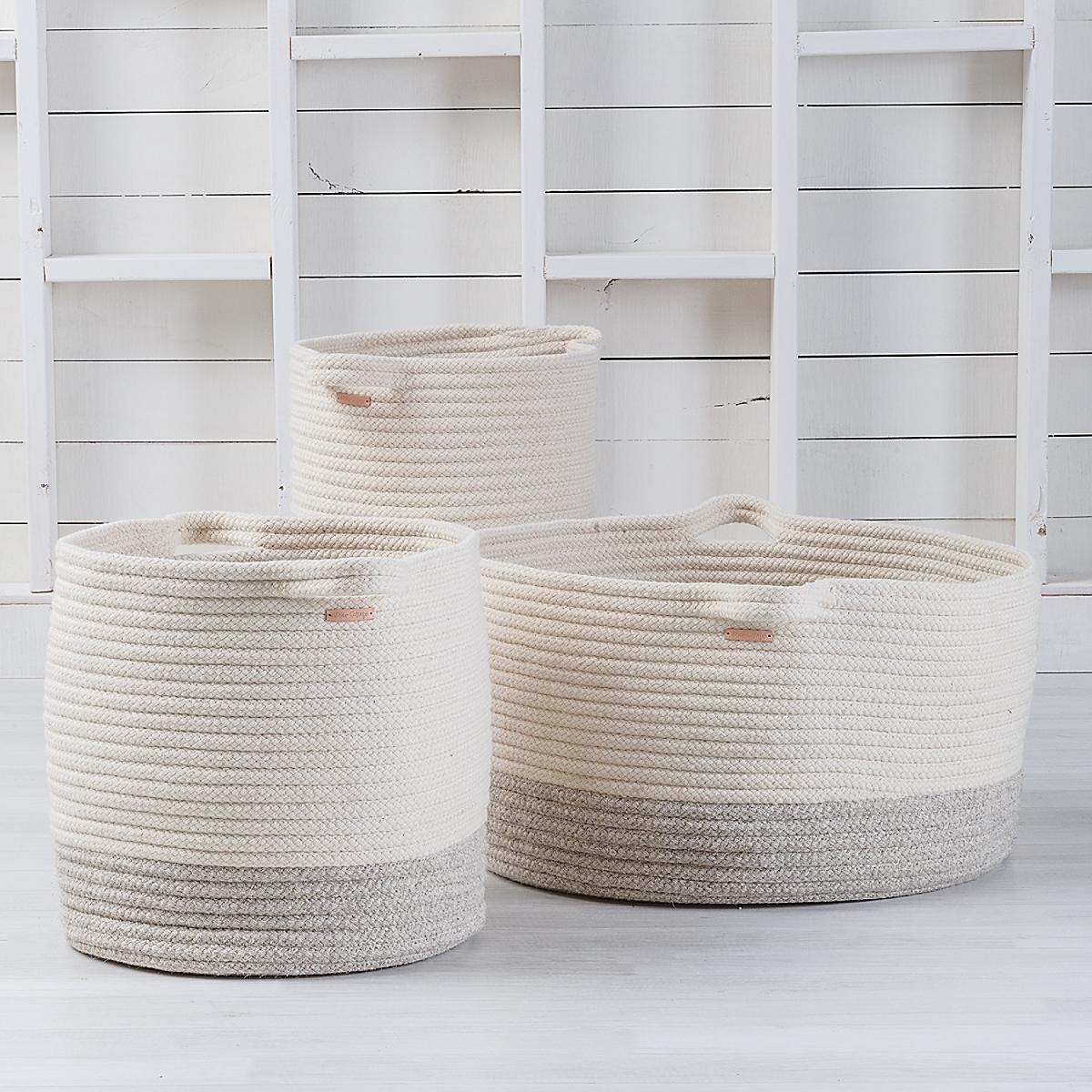 Maine Cottage Big Braided Wool Basket | Two Tone Grey Wool Stow Away Basket  