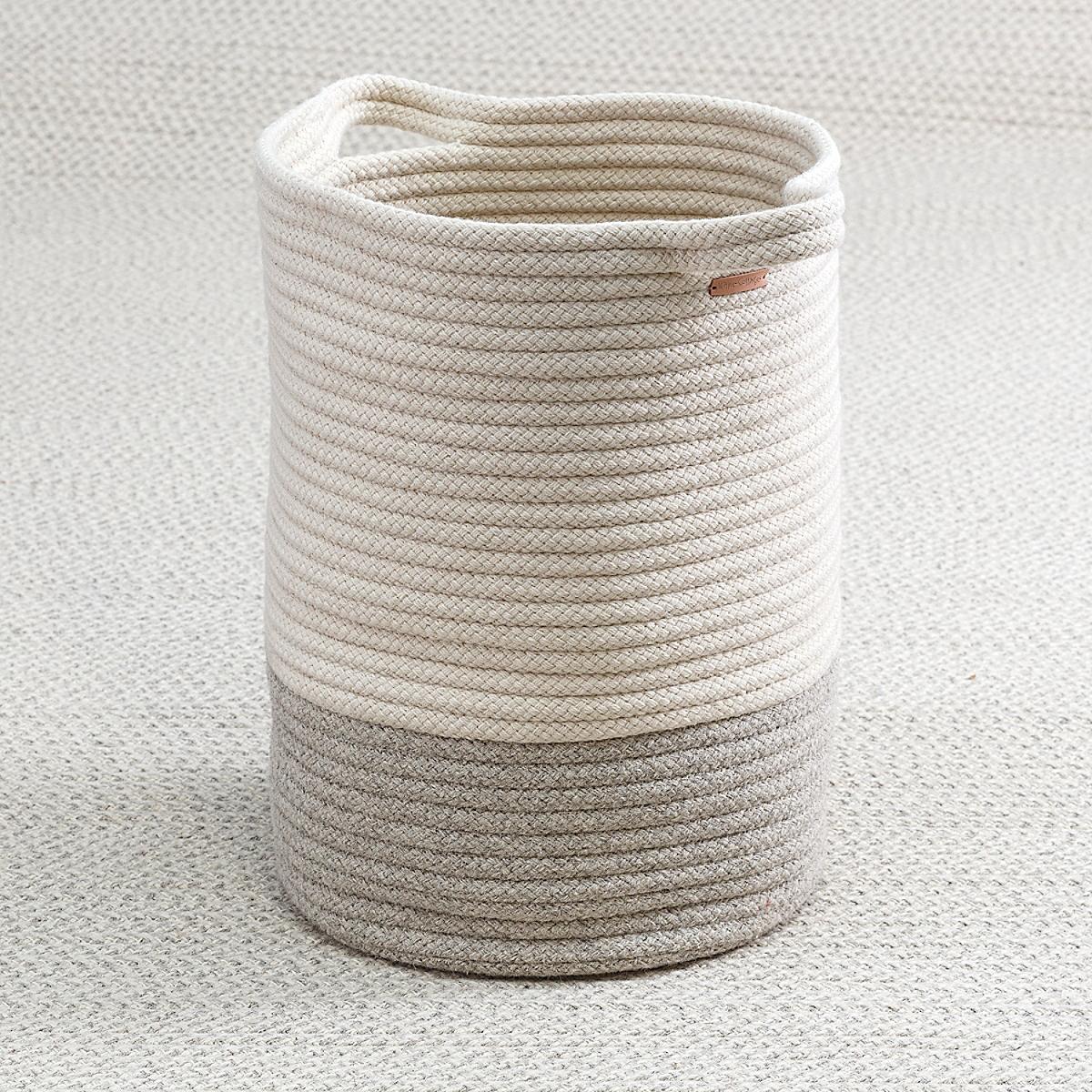 Maine Cottage Big Braided Wool Basket | Two Tone Grey Wool Stow Away Basket  