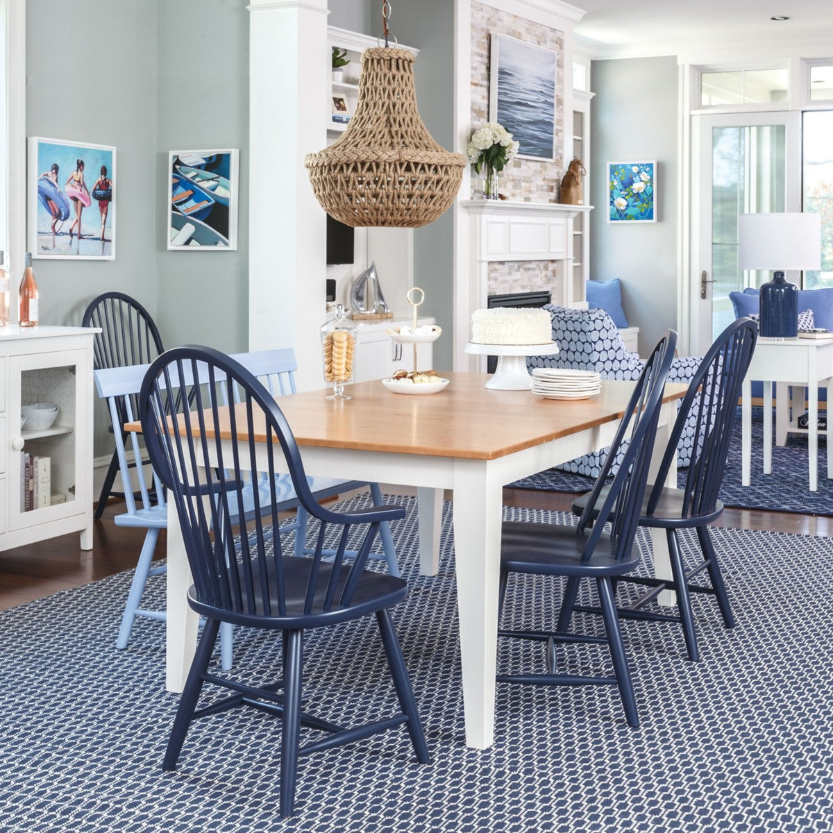 White dining table hotsell with blue chairs